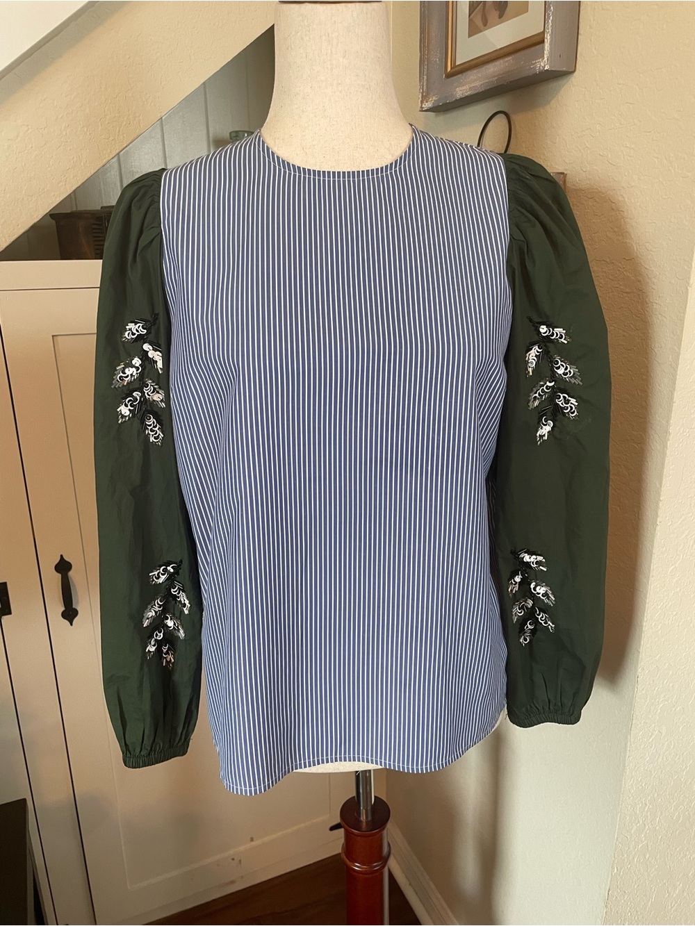 Essentiel Antwerp Whipple Striped Blue/Olive Embroidered Sleeve Women's Blouse
